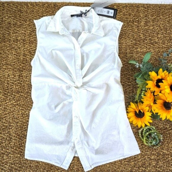 NEW French Connection Women's Blouse Size Medium White Aofie Linen Blend Twist - Picture 2 of 16